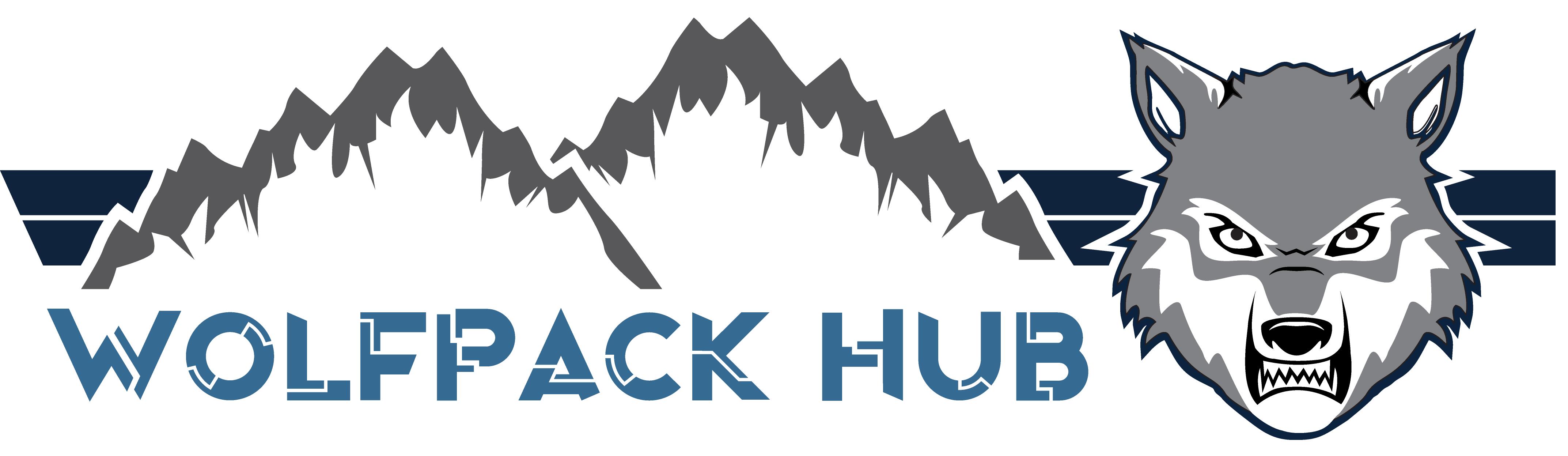 Logo with a wolf and mountains with the text "WolfPack Hub" below it