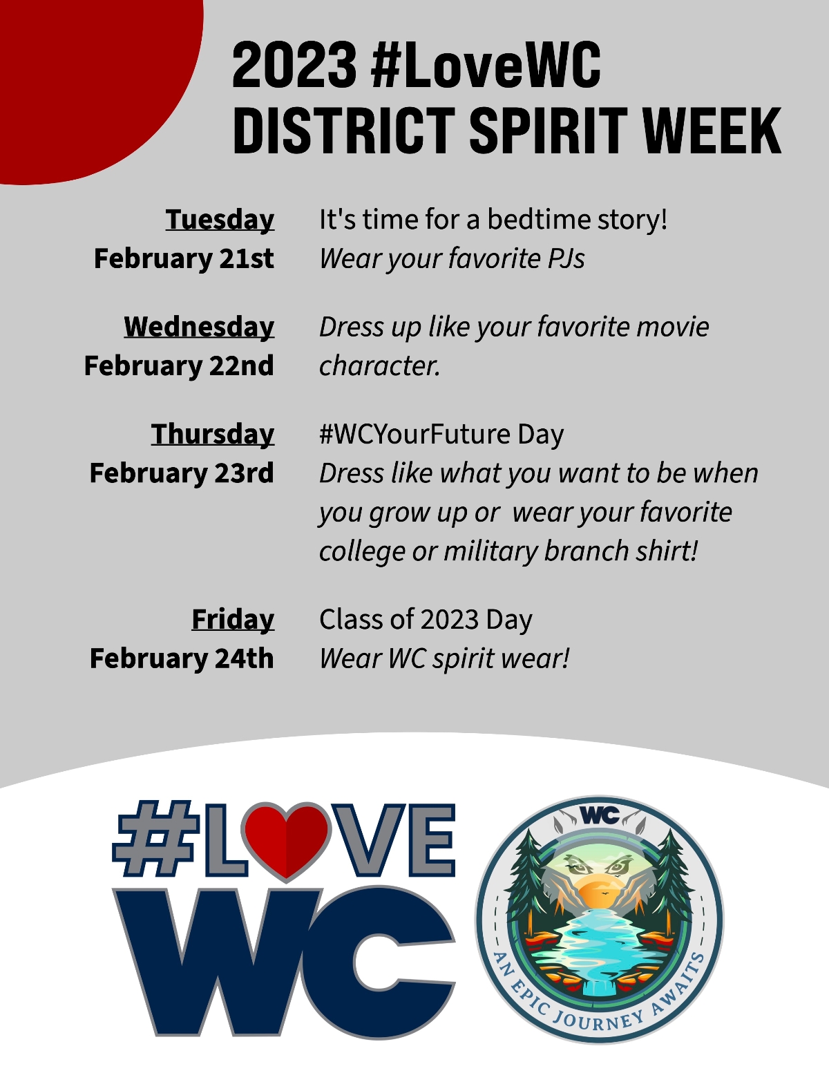 2023 #LoveWC Spirit Week Poster